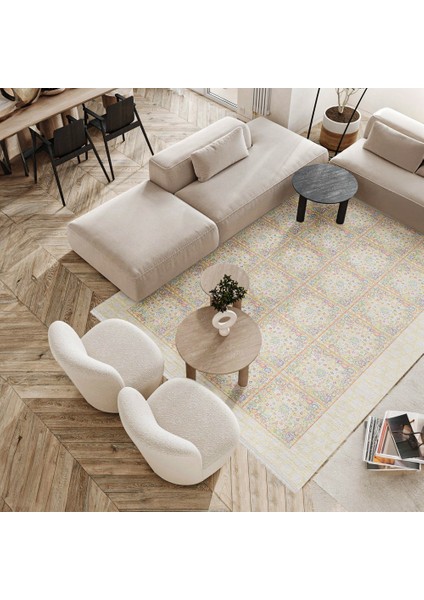 Geometrik Bej Pamuk Dikdörtgen Modern Desenli Pamuk Makinada Yıkanabilir Hav Toz Vermez Leke Tutmayan Kaymaz Taban Dijital Makine Baskı Salon Yolluk Mutfak Halı fırsatları