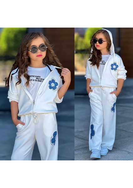 Kız Çocuk 3 Parça Kapüşonlu Sweatshirt & Çiçek Desenli Eşofman Takımı - Beyaz 6431 modelleri