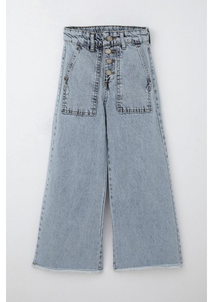 Kız Çocuk Jean Pantolon Geniş Paça Düğmeli Paçası Püskül Detaylı 5-9 Yaş, Açık Mavi modelleri