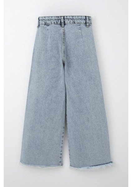 Kız Çocuk Jean Pantolon Geniş Paça Düğmeli Paçası Püskül Detaylı 5-9 Yaş, Açık Mavi fırsatları