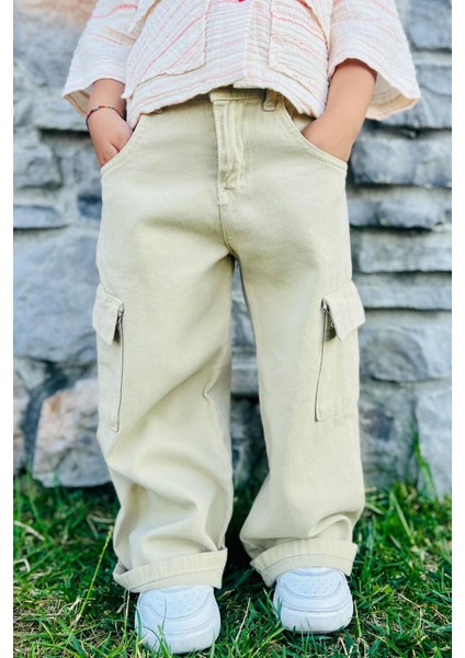 Kız Çocuk Gabardin Pantolon Kargo Cep Detaylı 5-14 Yaş, Taş