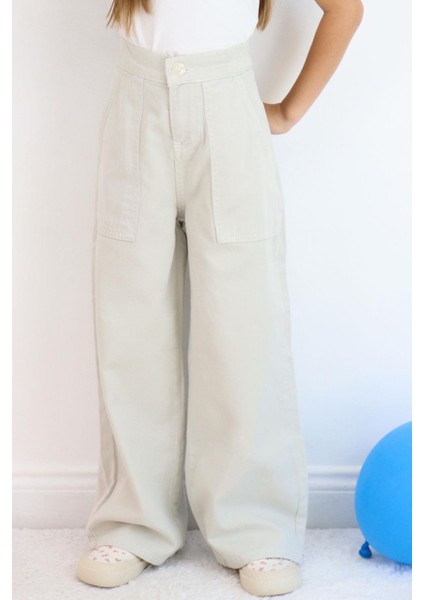 Kız Çocuk Gabardin Pantolon Geniş Paça Beli Lastikli 5-9 Yaş, Taş