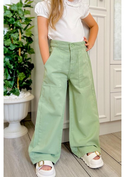 Kız Çocuk Gabardin Pantolon Geniş Paça Beli Lastikli 5-9 Yaş, Mint Yeşili