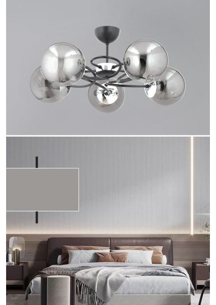 ESSLİGHT NARİN 5 Lİ PLAFONYER AVİZE FÜME GLOB CAMLI MODERN DEKORATİF AYDINLATMA