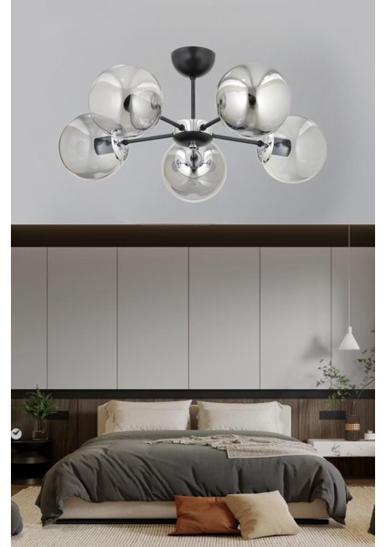 ESSLİGHT GÜNEŞ 5 Lİ PLAFONYER AVİZE FÜME GLOB CAMLI MODERN DEKORATİF AYDINLATMA