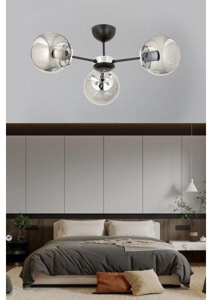ESSLİGHT GÜNEŞ 3 LÜ PLAFONYER AVİZE FÜME GLOB CAMLI MODERN DEKORATİF AYDINLATMA