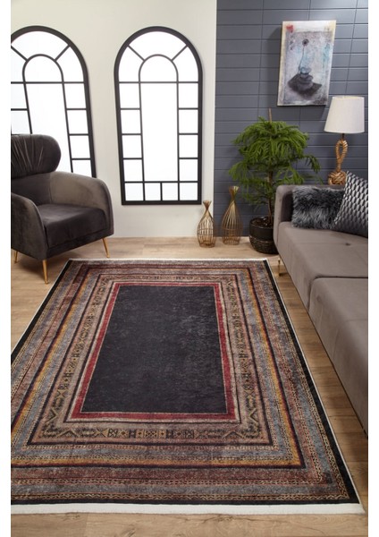 Bahavalpur Siyah Çerçeveli Etnik Modern Desenli Makinada Yıkanabilir Hav Toz Vermez Leke Tutmayan Kaymaz Taban Dijital Makine Baskı Salon Yolluk Mutfak Halı fiyatları