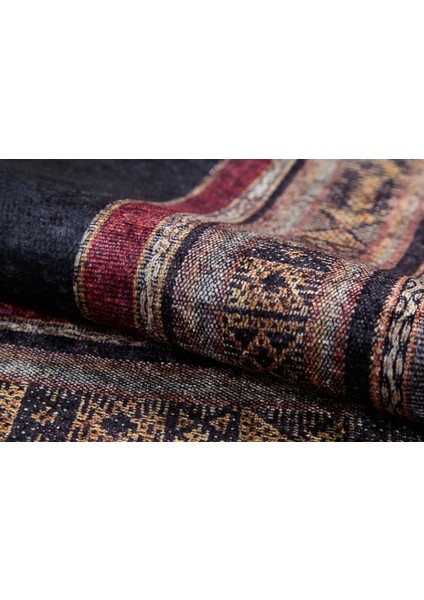 Bahavalpur Siyah Çerçeveli Etnik Modern Desenli Makinada Yıkanabilir Hav Toz Vermez Leke Tutmayan Kaymaz Taban Dijital Makine Baskı Salon Yolluk Mutfak Halı indirimleri