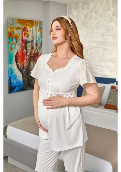 24647 Hamile Lohusa Kısa Kollu Pijama Takımı-Krem