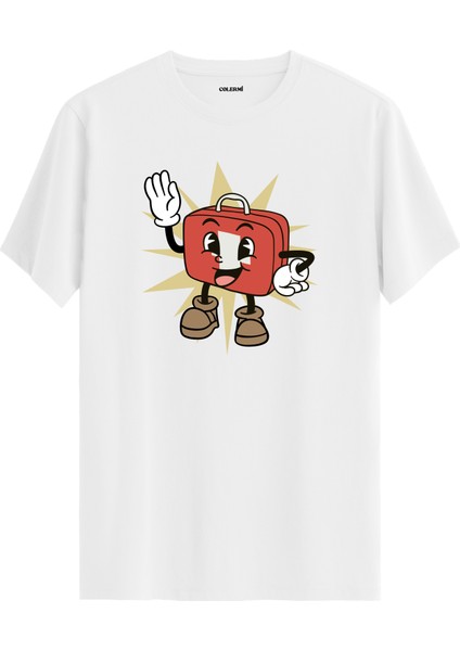 Retro Çizgi Karakterli Valiz Tasarımlı Eğlenceli Sokak Modası Pamuk Tişört
