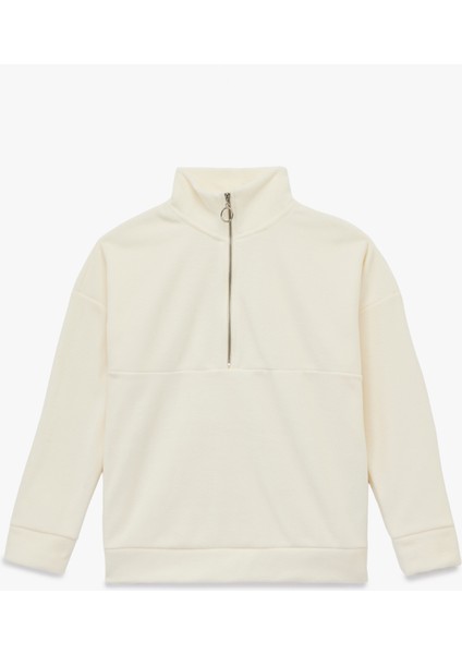 Oversize Uzun Kollu Yarım Fermuarlı Şardonlu Polar Sweatshirt