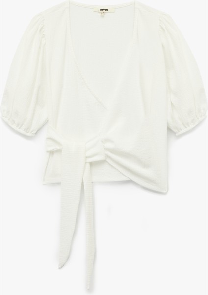 Önden Bağlama Detaylı Kısa Balon Kollu Kruvaze Yaka Tişört