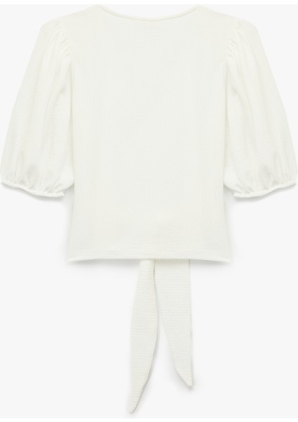 Önden Bağlama Detaylı Kısa Balon Kollu Kruvaze Yaka Tişört fiyatları