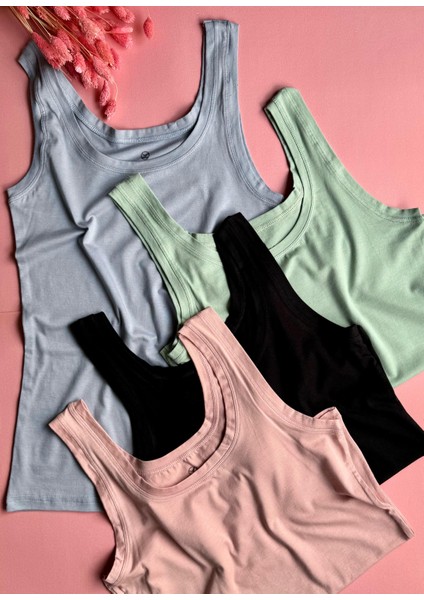 Zera Liss Modal | 4'lü, Yeşil, Pembe, Mavi ve Siyah, Kalın Askılı Extra Biyeli Kadın T-Shirt Atlet