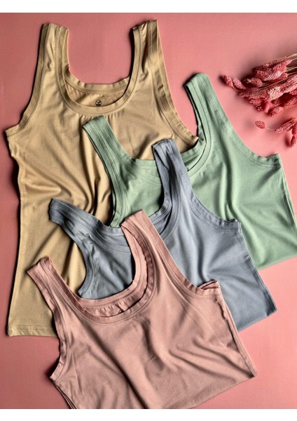 Zera Liss Modal | 4'lü, Yeşil, Pembe, Mavi ve Siyah, Kalın Askılı Extra Biyeli Kadın T-Shirt Atlet modelleri