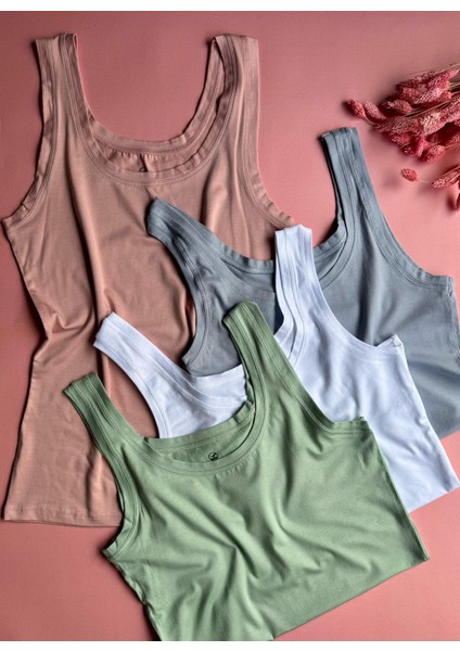 Zera Liss Modal | 4'lü, Yeşil, Pembe, Mavi ve Siyah, Kalın Askılı Extra Biyeli Kadın T-Shirt Atlet fırsatları