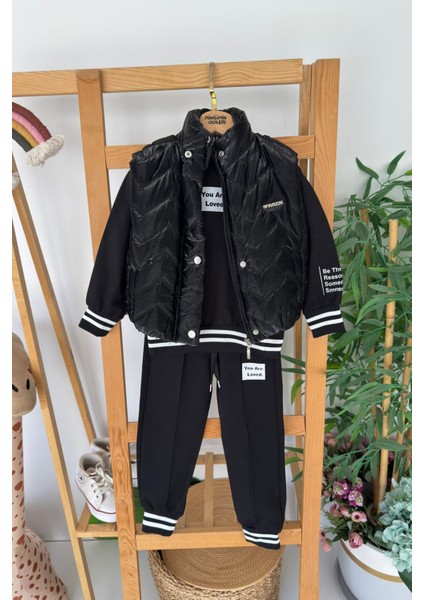 Parlak Yelekli Kol Yazı Detaylı Kız Çocuk 3 lü takım - Siyah