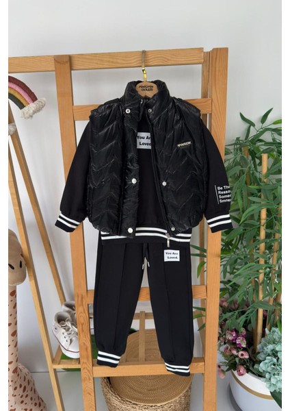 Parlak Yelekli Kol Yazı Detaylı Kız Çocuk 3 lü takım - Siyah fiyatları