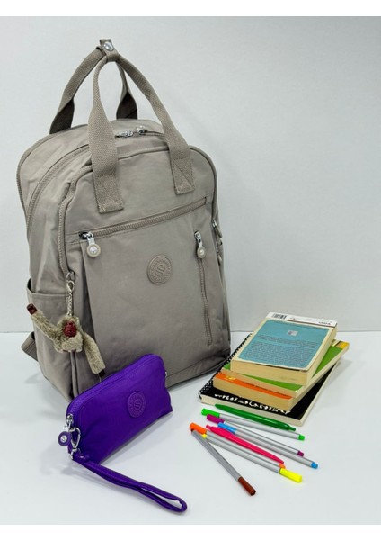 Unisex Suya Dayanıklı Krinkıl Kumaş Sırt Çantası ve Cüzdan Tipi Askılı Kalemlik