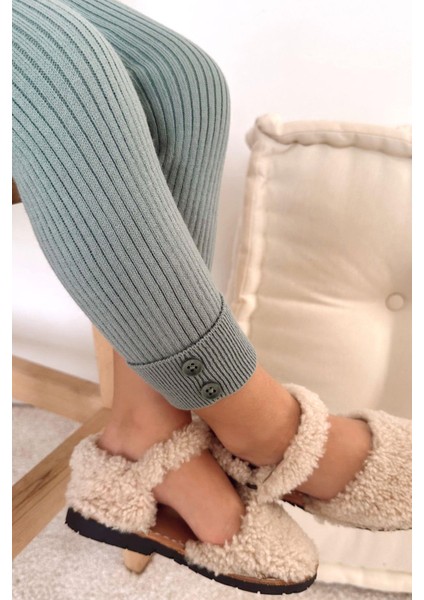 Örme Kumaş Fitilli Düğme Detaylı Duble Paça Unisex Çocuk Taytı