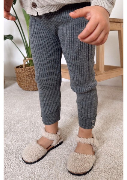 Örme Kumaş Fitilli Düğme Detaylı Duble Paça Unisex Çocuk Taytı