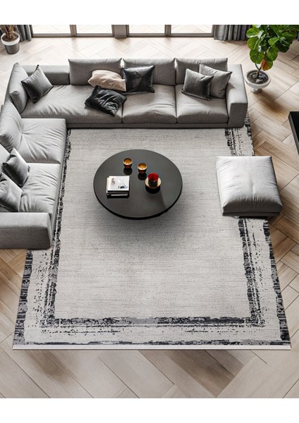 Antrasit Çerçeveli Etnik Modern Desenli Pamuk Makinada Yıkanabilir Hav Toz Vermez Leke Tutmayan Kaymaz Taban Dijital Makine Baskı Salon Yolluk Mutfak Halı fiyatları