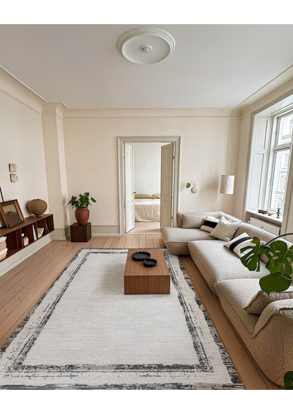 Antrasit Çerçeveli Etnik Modern Desenli Pamuk Makinada Yıkanabilir Hav Toz Vermez Leke Tutmayan Kaymaz Taban Dijital Makine Baskı Salon Yolluk Mutfak Halı fırsatları