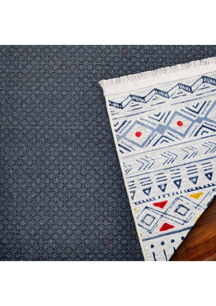 Geometrik Lacivert Pamuk Dikdörtgen Modern Desenli Pamuk Makinada Yıkanabilir Hav Toz Vermez Leke Tutmayan Kaymaz Taban Dijital Makine Baskı Salon Yolluk Mutfak Halı indirimleri