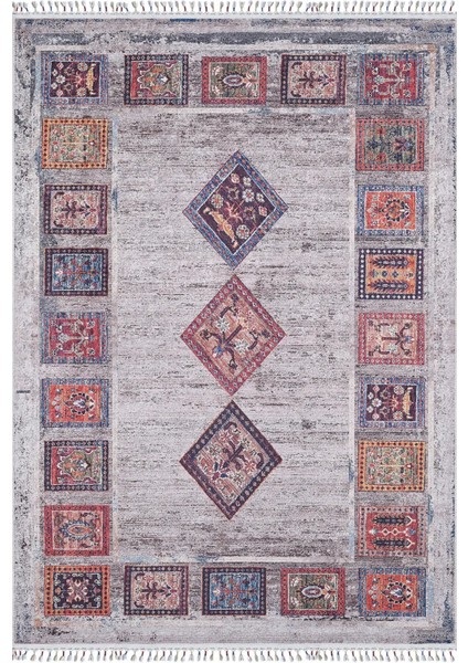 Kozieglowy Gri Göbekli Etnik Modern Desenli Makinada Yıkanabilir Hav Toz Vermez Leke Tutmayan Kaymaz Taban Dijital Makine Baskı Salon Yolluk Mutfak Halı