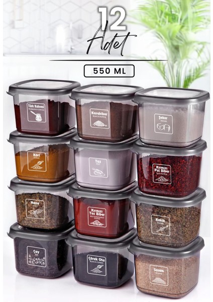 12 Adet Antrasit Etiketli Baharatlık Seti -550 ml - 12 li Baharat Takımı Seti