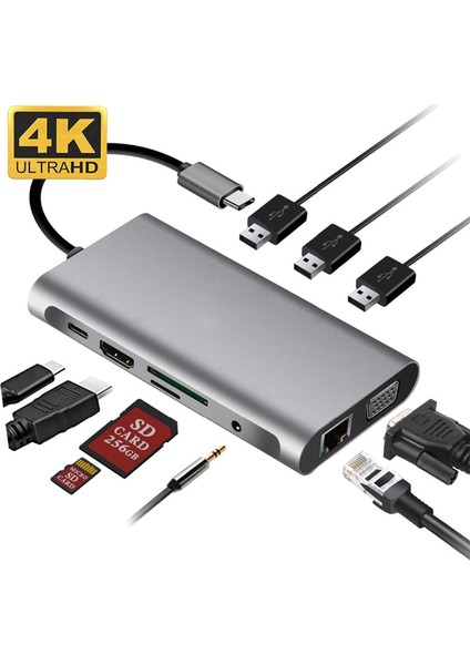 FC31 Macbook Uyumlu Type-C™ UBS-C to 3* USB 3.0 4K 1080p HD HDMI VGA RJ45 Pd Aux Sd Tf 10IN1 Çevirici Hub Adaptör