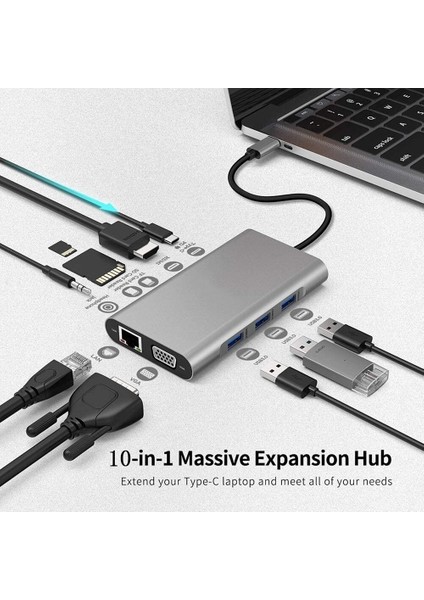 FC31 Macbook Uyumlu Type-C™ UBS-C to 3* USB 3.0 4K 1080p HD HDMI VGA RJ45 Pd Aux Sd Tf 10IN1 Çevirici Hub Adaptör modelleri