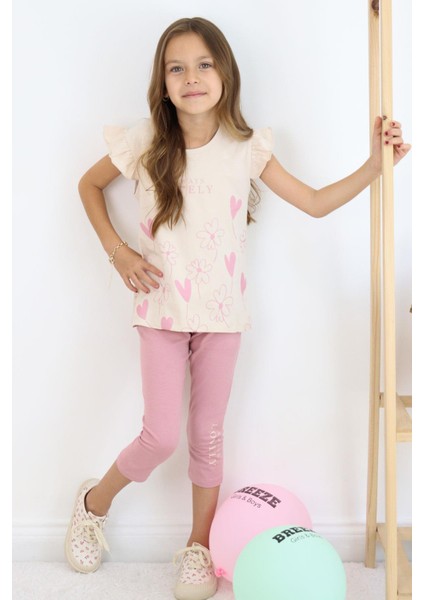 Kız Çocuk Kapri Taytlı Takım Sevgi Temalı Çiçek Baskılı 3-8 Yaş, Bej