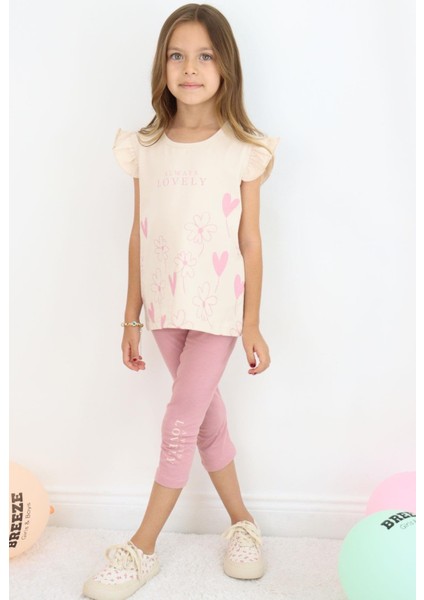 Kız Çocuk Kapri Taytlı Takım Sevgi Temalı Çiçek Baskılı 3-8 Yaş, Bej fiyatları