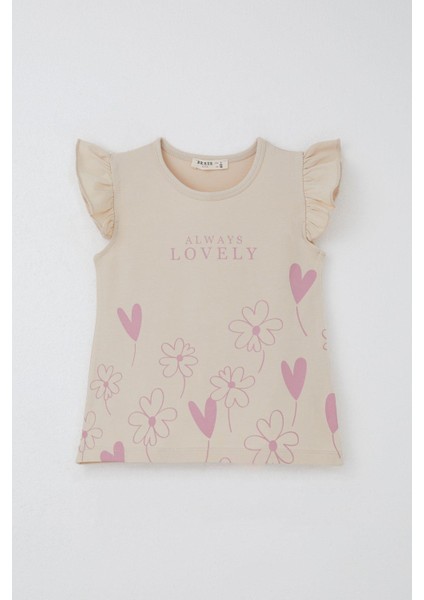 Kız Çocuk Kapri Taytlı Takım Sevgi Temalı Çiçek Baskılı 3-8 Yaş, Bej indirimleri