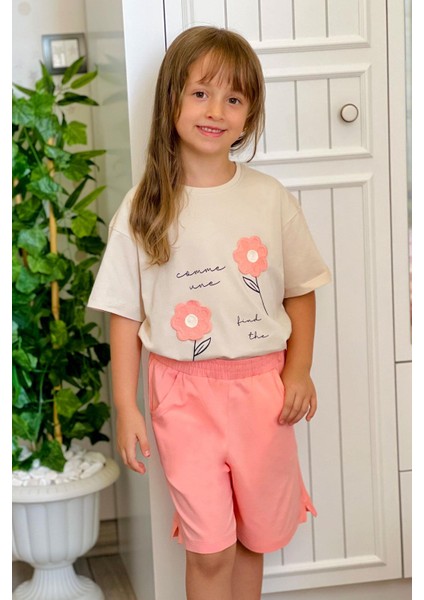 Kız Çocuk Şortlu Takım Örgü Çiçek Işlemeli 6-12 Yaş, Bej