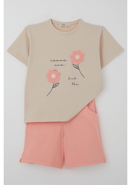 Kız Çocuk Şortlu Takım Örgü Çiçek Işlemeli 6-12 Yaş, Bej fiyatları