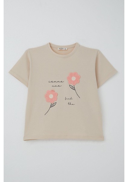 Kız Çocuk Şortlu Takım Örgü Çiçek Işlemeli 6-12 Yaş, Bej modelleri