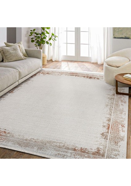 Turuncu Çerçeveli Etnik Modern Desenli Pamuk Makinada Yıkanabilir Hav Toz Vermez Leke Tutmayan Kaymaz Taban Dijital Makine Baskı Salon Yolluk Mutfak Halı fiyatları