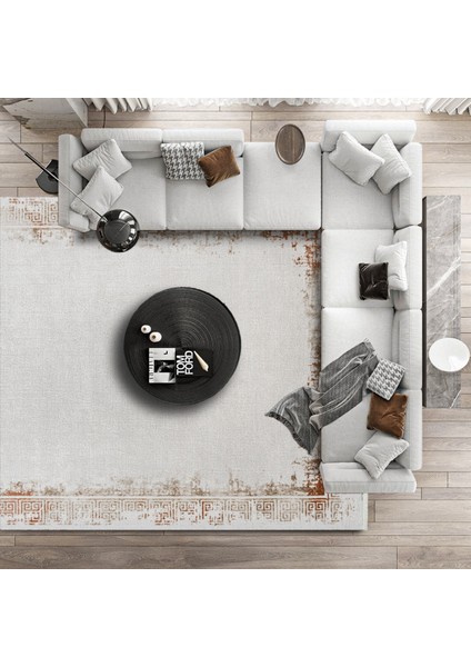 Turuncu Çerçeveli Etnik Modern Desenli Pamuk Makinada Yıkanabilir Hav Toz Vermez Leke Tutmayan Kaymaz Taban Dijital Makine Baskı Salon Yolluk Mutfak Halı modelleri