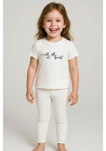 Kız Çocuk Taytlı Takım Simli Yazı Baskılı 1.5-5 Yaş, Ekru