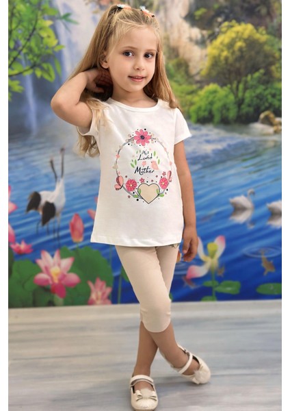 Kız Çocuk Kapri Taytlı Takım Anne Sevgisi Temalı Çiçek Baskılı 1.5-5 Yaş, Ekru