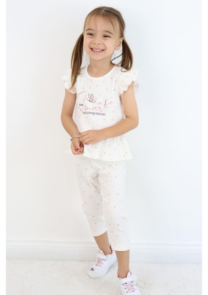 Kız Çocuk Taytlı Takım Minik Kalpler Desenli Yazı Baskılı Fırfırlı 2-6 Yaş, Ekru