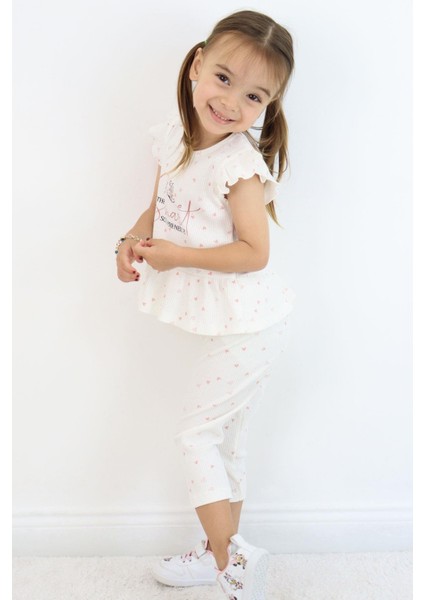 Kız Çocuk Taytlı Takım Minik Kalpler Desenli Yazı Baskılı Fırfırlı 2-6 Yaş, Ekru fiyatları