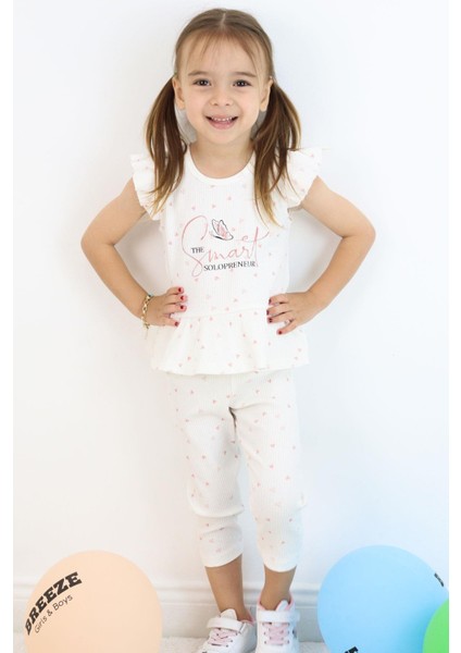 Kız Çocuk Taytlı Takım Minik Kalpler Desenli Yazı Baskılı Fırfırlı 2-6 Yaş, Ekru modelleri