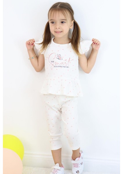 Kız Çocuk Taytlı Takım Minik Kalpler Desenli Yazı Baskılı Fırfırlı 2-6 Yaş, Ekru fırsatları