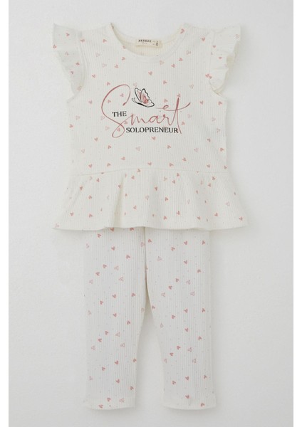 Kız Çocuk Taytlı Takım Minik Kalpler Desenli Yazı Baskılı Fırfırlı 2-6 Yaş, Ekru indirimleri