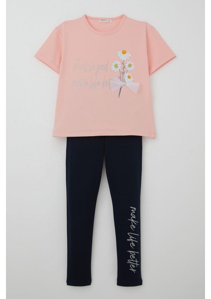 Kız Çocuk Taytlı Takım Çiçek & Yazı Baskılı Fiyonklu 5-10 Yaş, Pembe modelleri