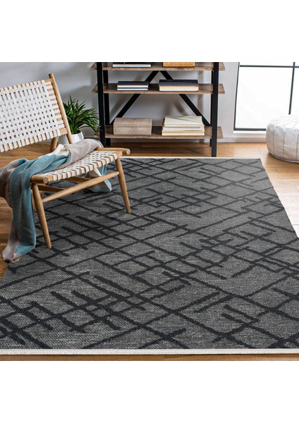 Geometrik Antrasit Pamuk Dikdörtgen Modern Desenli Pamuk Makinada Yıkanabilir Hav Toz Vermez Leke Tutmayan Kaymaz Taban Dijital Makine Baskı Salon Yolluk Mutfak Halı fırsatları
