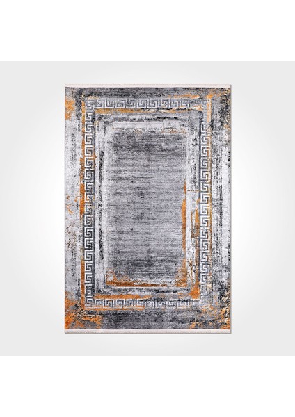 Genesis Çerçeveli Gri Pamuk Kare Modern Desenli Pamuk Makinada Yıkanabilir Hav Toz Vermez Leke Tutmayan Kaymaz Taban Dijital Makine Baskı Salon Yolluk Mutfak Halı